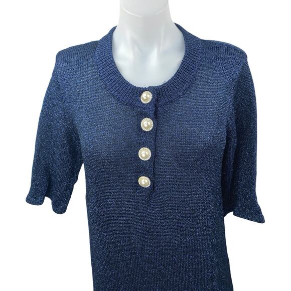 Manoush Blue Metallic Pearl Button Short Sleeve Knit Midi Sweater Shirt Dress L - Picture 3 of 5